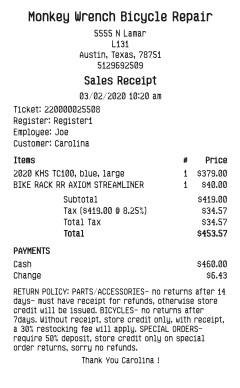 Bike receipt