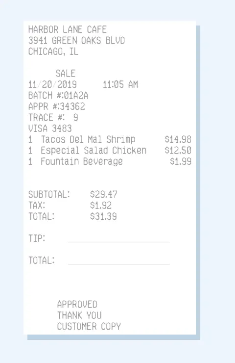A cafe receipt with item lines, tax, and a total