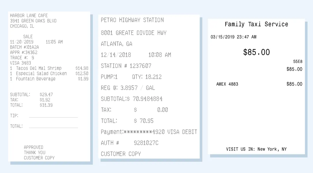 Sample cafe, fuel, and taxi receipts
