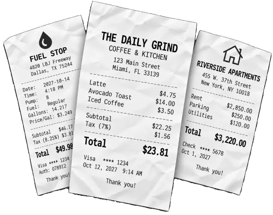 Sample gas, coffee, and rent receipts